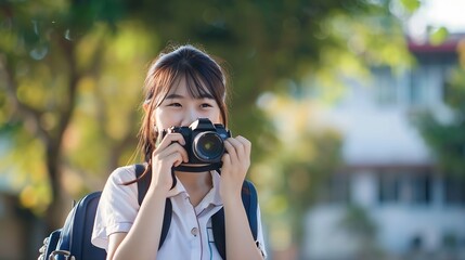 Beautiful Asian woman in school uniform taking a photo of yearbook trend American yearbook trend popular portrait photography style in Asia : Generative AI