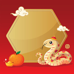 Chinese New Year template background with cheerful snake, oriental clouds, ingot, mandarin orange illustration, isolated background.