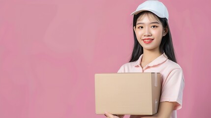 Beautiful Young Asian woman holding parcel box isolated on pink background Delivery courier and shipping service concept : Generative AI