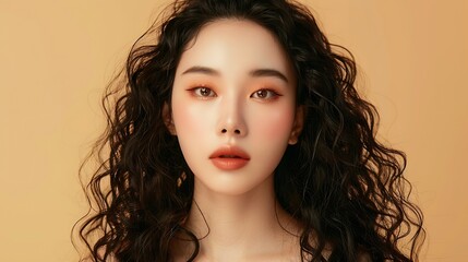 Young Asian beauty woman curly long hair with korean makeup style on face and perfect skin on isolated beige background Facial treatment Cosmetology plastic surgery : Generative AI