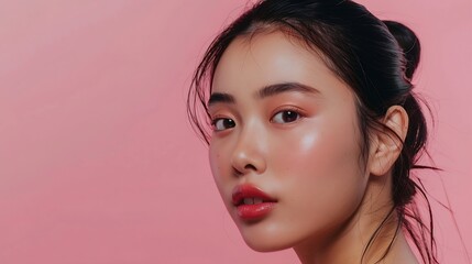 Naklejka premium Beautiful young Asian woman with healthy and perfect skin on isolated pink background Facial and skin care concept for commercial advertising : Generative AI