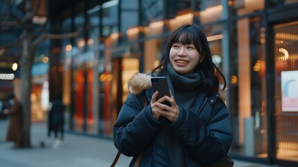 Fototapeta premium A young Asian woman holding a smartphone and smiling : Generative AI