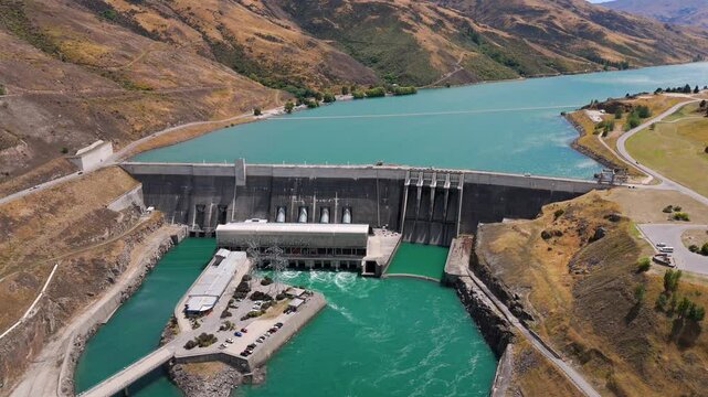 Aerial view of hydroelectric Clyde dam at Clutha River in New Zealand. Aerial view.