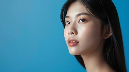 Fototapeta premium Young Asian beauty woman model long hair with natural makeup look on face and perfect clean skin on isolated blue background Facial treatment Cosmetology Spa Aesthetic plastic surgery : Generative AI