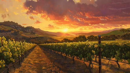 Naklejka premium Beautiful vineyard landscape at sunset with vibrant sky, rolling hills, and rows of grapevines, capturing the essence of nature's bounty.