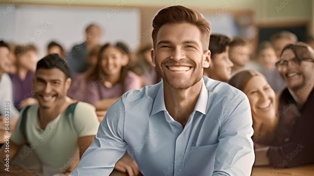 Poster smiling teacher with students in classroom generative ai