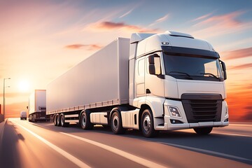  A white cargo truck design with a white blank empty trailer for an ad on a highway road in Europe design. 