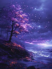 Obraz premium A fantastical landscape with a tree covered in purple flowers and the petals are blowing in the wind. 