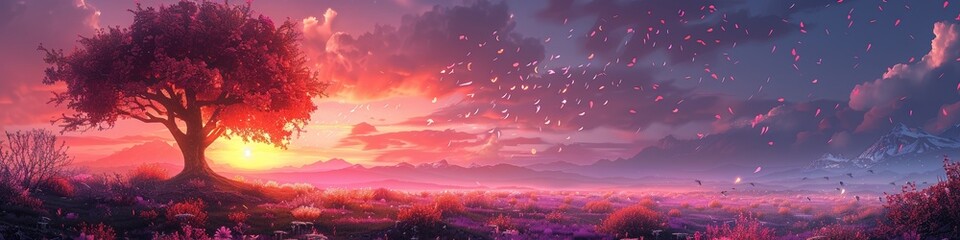Fototapeta premium A fantastical landscape with a tree covered in purple flowers and the petals are blowing in the wind. 