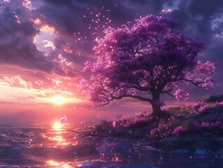 A fantastical landscape with a tree covered in purple flowers and the petals are blowing in the wind. 