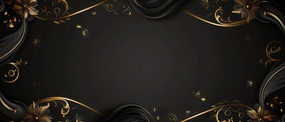 Elegant Black and Gold Floral Frame Background with Ornate Decorative Elements for Luxury Design, Invitations, and Celebrations