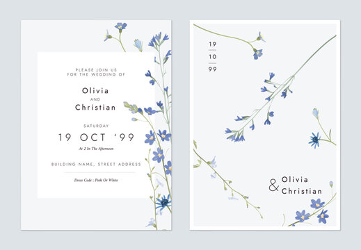 Wedding invitation template, assorted blue wildflowers on grey background