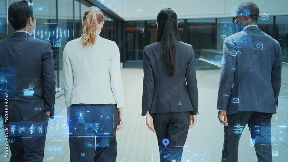Poster multinational business people moving forward side by side and digital technology concept