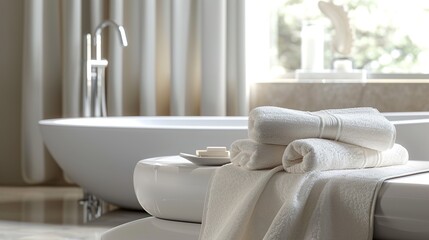 Luxurious hotel room scene featuring artfully folded towels, showcasing excellent craftsmanship and realistic texture. Elegant and minimalist room design emphasizing creativity and sophistication in t