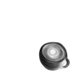 Black and white drawing of a coffee cup, pencil lines, white background.