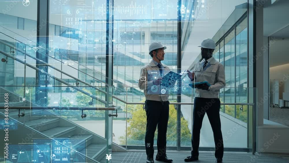 Poster Multinational engineers having a conversation and digital technology concept