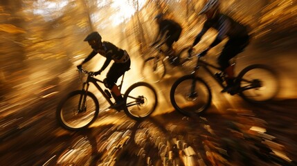Blurry shadows racing on bikes down a mountain in a thrilling outdoor sport.