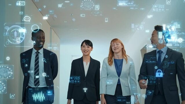 会話する多国籍ビジネスパーソンとデジタルテクノロジー