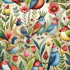 Obraz premium seamless whimsical cute animal singing in blooming gardens in the Middle Ages. Cartoon style. Isolated on white background. Kid's book illustration