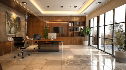 Modern executive office with large windows, wooden walls, and marble flooring. Furnished with desk, office chair, and indoor plants.