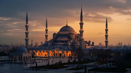 Blue Mosque at twilight symbolizing spirituality, AI Generative.