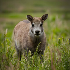 Fototapeta premium A beautiful brown mare nurturing and teaching her sweet new little foal on a golden summers evening 