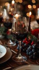 Naklejka premium A table ready for a party with glasses of dark red Pinot Noir wine and candles. 