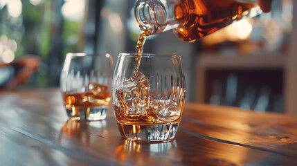 Pouring whiskey into glass on wooden table with blurred background. Perfect for bar, drink, and celebration themes.