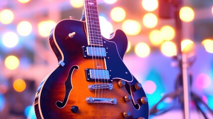 Fototapeta premium electric guitar with a sunburst finish, prominently displaying the guitar's body, strings, pickups, bridge and control buttons. with a bokeh effect background featuring colorful lights