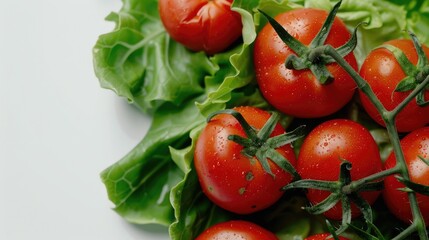 Close up of red ripe tomato branches on a bed of green salad leaf set against a white background Ideal for a vegan meal