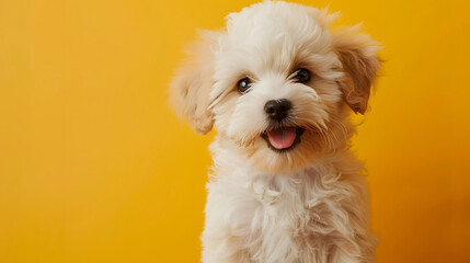 dog puppy cute looking towards camera on yellow background