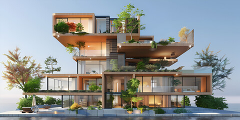 Modern Building with green residential Roof balcony and district, a futuristic house surrounded by trees.
