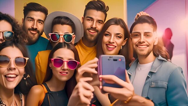 Group Selfie With Sunglasses in Colorful Setting Generative AI