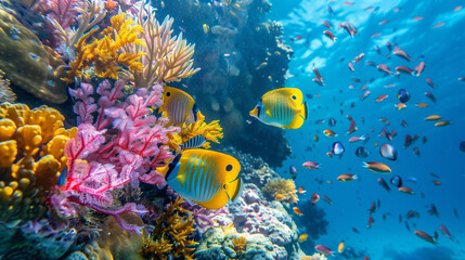 Tropical fish over coral reef. Colorful tropical fish swimming over coral reef with blue sea background  © Sajjad