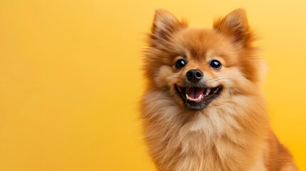 dog puppy cute looking towards camera on yellow background