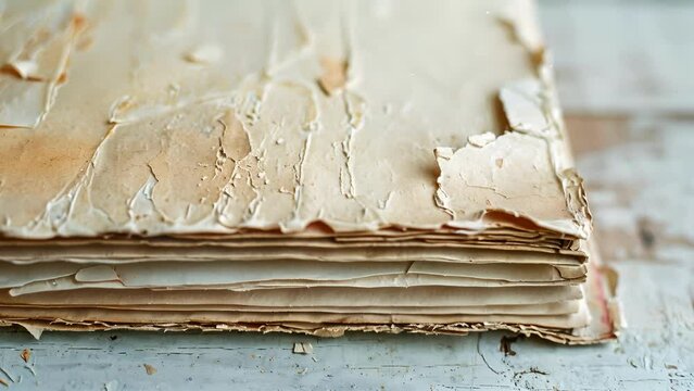 An old tattered notebook with worn out pages now reborn as a new recycled paper notebook with fresh pages ready to be filled.