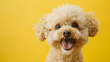 dog puppy cute looking towards camera on yellow background