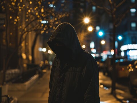 A man with a hood on his head hides his face and stands on a street of a big city at night - ai