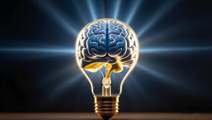 abstract design blue and grey artistic a colossal light bulb encasing a detailed human brain inviting glow thought provoking piece