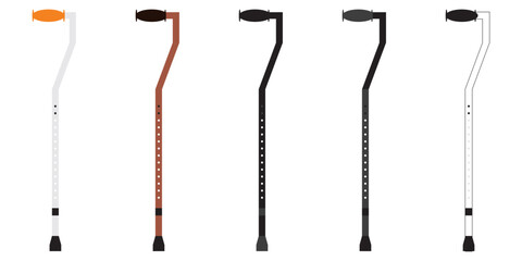 Set Of Walking Sticks. Aluminum Cane, Elegant Wooden Walking Cane, With Curved Handle, Cane. Medical Assistance. Isolated On Transparent Background.