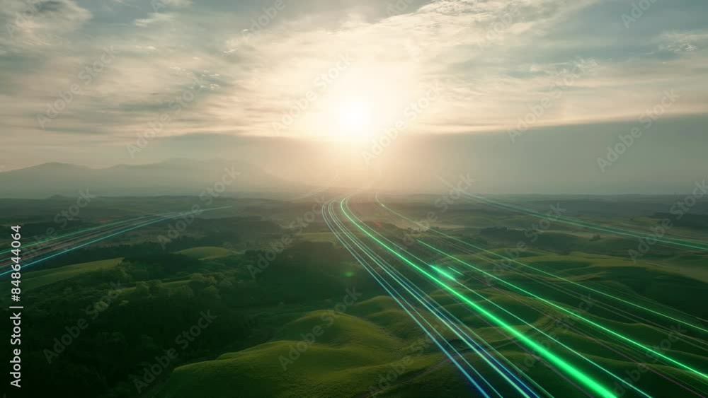 Poster a path of light stretching towards the sunrise of nature. a path to the future.