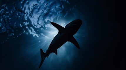 Silhouette of a shark against deep sea light, close-up, mysterious dark outline, underwater world, no humans 
