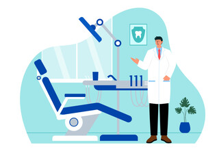 Male dentist showing his clinic. Medicine vector illustration