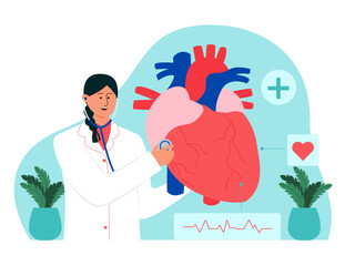 Heart specialist check heart. Medicine vector illustration