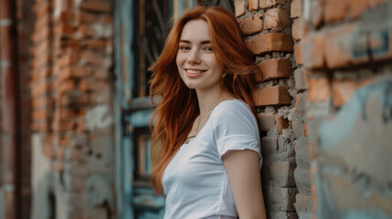 Naklejka premium A young red-haired woman in a white shirt smiles while leaning against an old brick wall with a rustic background. Smiling Redhead Woman Leaning Against Brick Wall