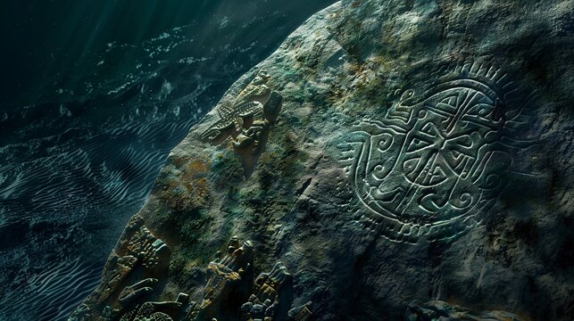 Ancient underwater glyph on rock face, close-up, cryptic symbols telling forgotten tales, shrouded in mystery, no humans 