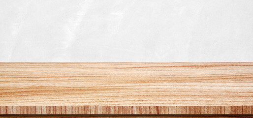 Wood table and white wall background in kitchen, Wooden shelf, counter for food and product display in room background, Wood table top, desk surface banner, mockup, template