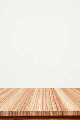 Wood table and white wall background in kitchen, Wooden shelf, counter for food and product display in room background, Wood table top, desk surface banner, mockup, template, vertocal