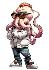 Naklejka premium A cartoon character Octopus stands upright, wearing clothes, with arms crossed and aviator sunglasses