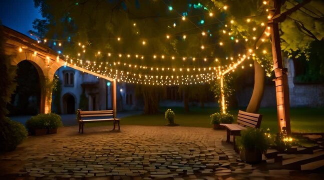 Courtyard with string lights that shine at night